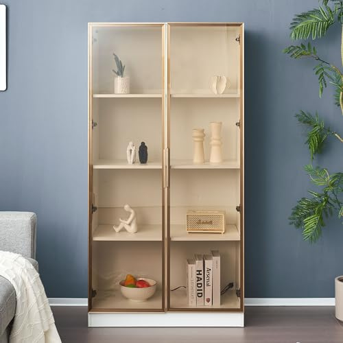 Lexiou Glasvitrine mit 16-Farbiger LED-Beleuchtung, doppeltürige Vitrine mit beweglichen Einlegeböden, 80 * 40 * 160cm,Hochschrank für Wohnzimmer, Standvitrine,Badezimmerschrank