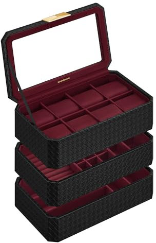 SONGMICS HOME RONNE Kollektion - Uhrenbox 3 Ebenen, 8 Fächer für Uhren, stapelbar, PU im Flechtlook, Schwebe-Effekt, Geschenkidee, Bezug in Schwarz, Innenfutter in Weinrot JWB021R01