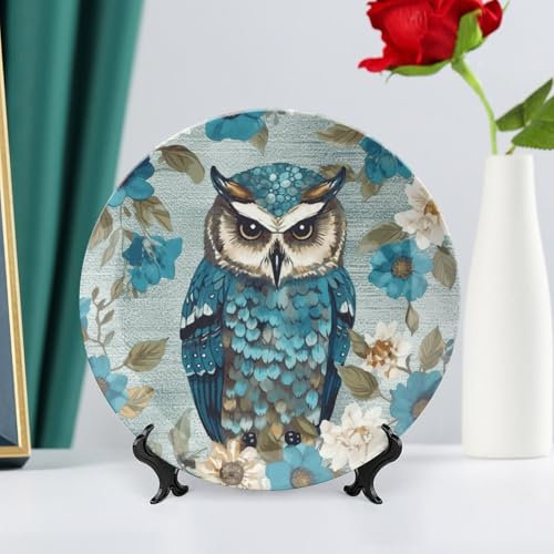 Bone China Dekoteller Eule Frühling Blumen Türkis Keramik Dekoteller mit Präsentationsständer Dekoteller Runde Porzellanteller Speiseteller für Zuhause Arbeitszimmer Hotel Wanddekoration
