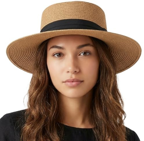 HIQIU Stroh Sommerhut Damen mit Breiter Krempe - UV-Schutz Flat Top Strohhut Damen Strandhut Panamahut für Strand und Reisen