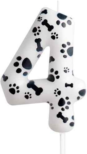 Cxryrzhe Vela de cumpleaños número 4 con diseño de pata de perro, decoración de tartas, suministros de fiesta, decoración temática de impresión blanca para niños y niñas