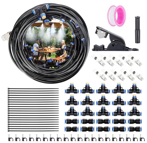 12M Kit de riego nebulizador exterior 79pcs AGPTEK, 15 boquillas de niebla T, refrigeración terraza, jardín, piscina