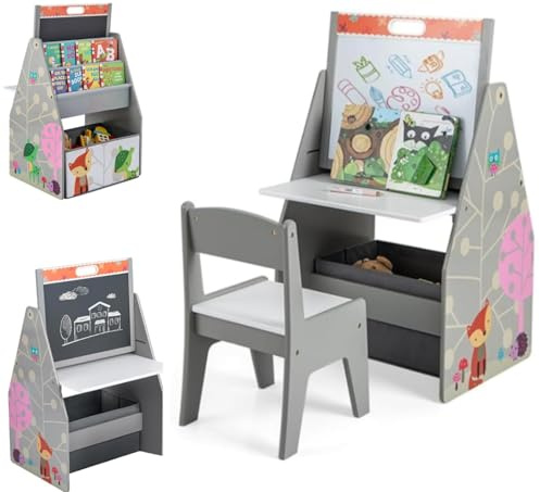 3 in 1 Kids Easel with Chair, Wooden Art Table with Adjustable Double-Sided Magnetic Whiteboard & Blackboard, Bookshelf, Storage Bin, Kids Table and Chair Set for Drawing, Writing (Gray)
