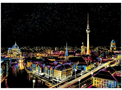 Asudaro Kratzbilder Set,DIY Bastelsets,Kratzmalerei-Set,Metropolitan Nachtszene Kratzmalerei-Set mit Wahrzeichen der Stadt,Feuerwerk Magic Scratch Art Papier Set,Nachtansicht Kratzpapier (Berlin)