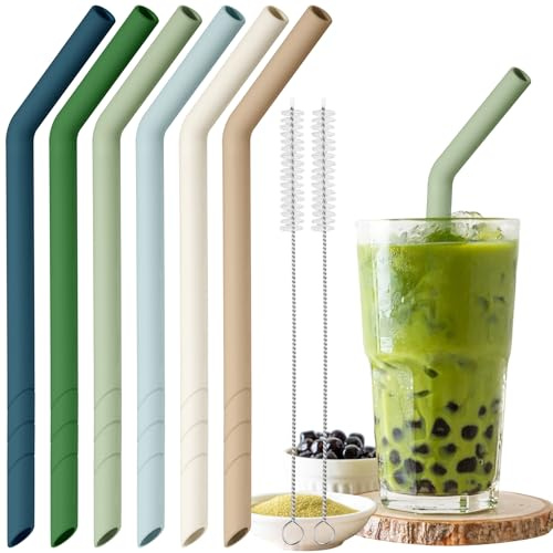 NiHome 6 Stück Silikon Strohhalme Wiederverwendbar, Extra Breite Trinkhalme für Boba, Smoothies & Bubble Tea – Zuschneidbare Länge, BPA-frei, mit 2 Reinigungsbürsten, Spülmaschinenfest（Naturfarben）