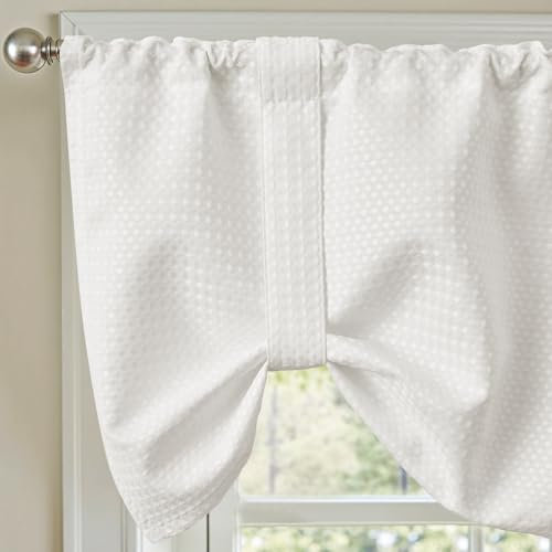 TOPICK Weiß 1 Schal 45H x 127B cm Scheibengardine mit Raffbändern für Küche Badezimmer Klein Fenster Landhausstil Gardine Kurz mit Waffel Muster Halbtransparent Bistrogardine mit Tunnelzug