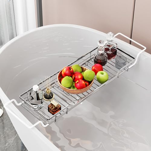 TapferBahn Badewannenablage,BadewannenbrüCke,Badewanne Ablage,Verstellbares Badewannenbrett,Edelstahl Badewannenbrett,Verstellbar Badewannenablage,Mit Ständer,Ideal FüR BüCher,Handys,Tablets