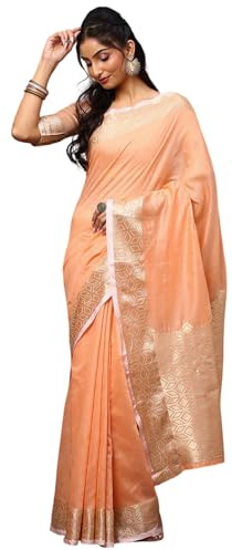 Gewebtes Design Bordüre Zari Seide Baumwolle Sari – 27686636-CVO, Orange, One size