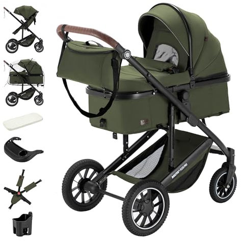 Daliya® FLEXI-PRO M 2in1 Kombikinderwagen & Buggy – XXL-Set, Reise-Kinderwagen mit Einhand-Abnahme, Wetterschutz, Sportsitz, Wickeltasche, Spieltisch, Regenschutz, dicke Matratze (Olivgrün)