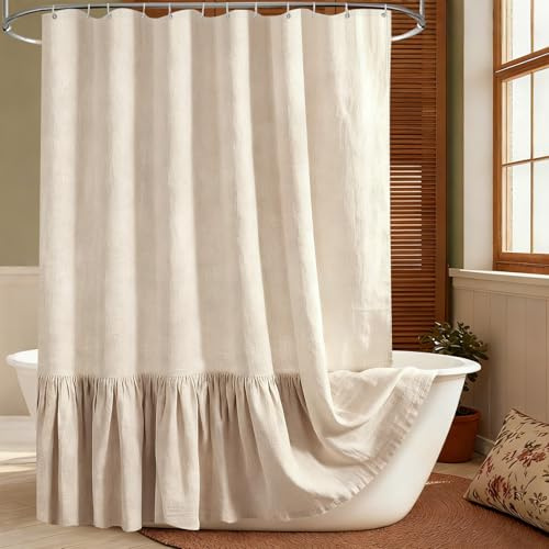 Carttiya Tenda da Doccia in Lino Beige 180x200 cm – Impermeabile, Antimuffa e Antibatterica, Tessuto Pesante 180GSM con Orlo Zavorrato, Lavabile Tenda da doccia, con 12 Ganci per Bagno