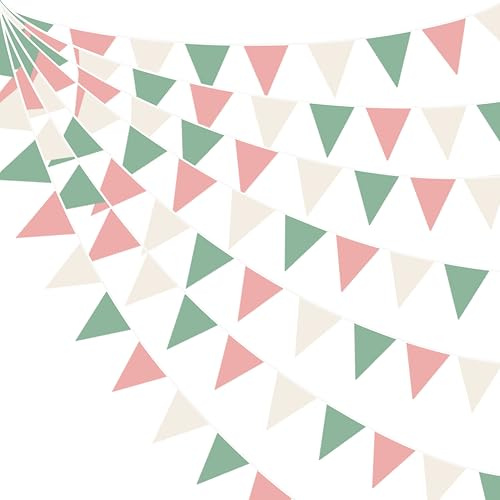32Ft Sage Green Dusty Pink Bunting Banner Party Decorations Dusty Green and Blush Rose Fabric Triangle Flag Pennant Garland Streamer for Girls Boho Birthday Wedding Bridal Baby Shower Party