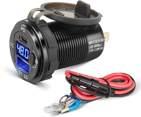 RED WOLF 48W USB C PD Steckdose 12 Volt Auto Ladegerät Zigarettenanzünder mit Schalter, QC 3.0 & USB Typ C Einbaubuchse mit LED Voltmeter für Kfz Wohnmobil Motorrad Boot LKW Wohnwagen 10V-60V