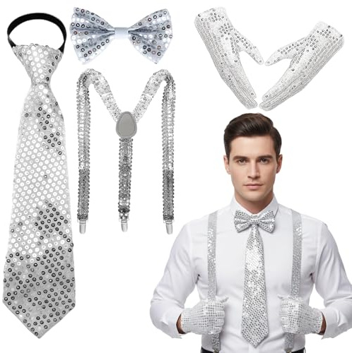 DvBCNMe Glitzer Outfit Herren, Glitzer Kostüm Accessoires Herre, mit Pailletten Hosenträger, Fliege, krawatte, Handschuhe, Pailletten Kostüm für Fasching Party Dance Performance
