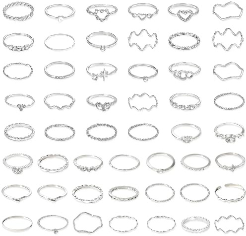 JhavexToy 51 Stück Ringe Set Silber Damen, Boho Stapelringe Fingerringe Knuckle Rings Midi Ringe Vintage Stil, Mit Herz Welle Stern Mond Blatt und Zirkonia, Perfektes Schmuckset für Damen und Mädchen