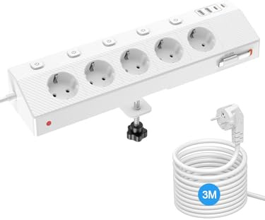 PASSUS Mehrfachsteckdose mit 2 USB C 30W, Verlängerungskabel 3M, Weiß | 5 Fach Steckdosenleiste Überspannungsschutz, Tischsteckdose Schreibtisch, Einzeln Schaltbar, Steckdose mit USB-C Einziehkabel
