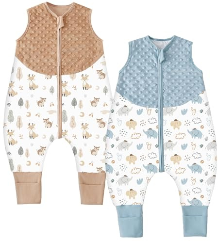 Chilsuessy 2er Pack Baby Schlafsack mit Füße 1.5 Tog Ganzjahres Schlafsack Baby Schlafsäcke Babyschlafsack mit Beinen für Säugling Kinder, 1.5 Tog/Blau + Khaki, 80cm/Baby Höhe 90-100cm