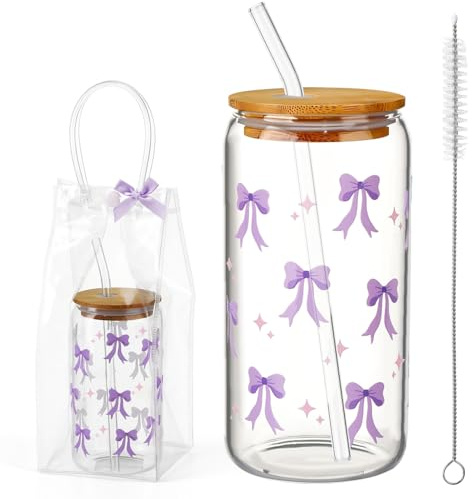 saerryor Glass Tumbler with Straw and Lid for Women Girls,16 oz Purple Flower Bow Glass Drinking Cup for Iced Coffee Bubble Tea Water, Birthday Gift for Mum Auntie Daughter Sisters Best Friend
