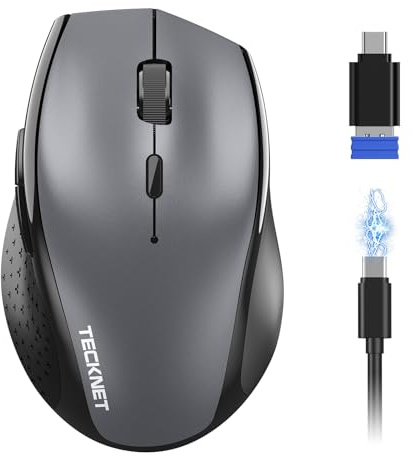 TECKNET PRO Bluetooth Maus Kabellos(2 BT 5.0+ 2,4 GHz), Wiederaufladbare Funkmaus, 6400 DPI, 6 Stufen, Leise Maus für Laptops, Mac OS, Android, Windows, Hellgrau