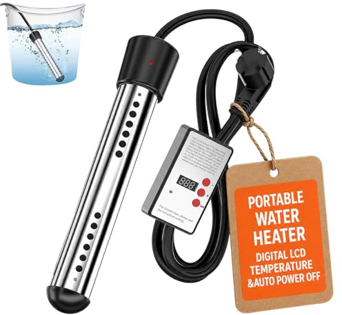 Electric Immersion Heater, Portable Water Heater with Digital LCD Temperature & Auto Power Off, Stainless Steel Safety Guard, for Home Camping Bath Pool Outdoor