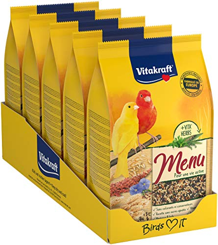 VITAKRAFT - Menu Kanarienvögel – Komplettfutter für Vögel – reich an Vitaminen, Mineralien und Spurenelementen – 5 Frischebeutel à 900 g