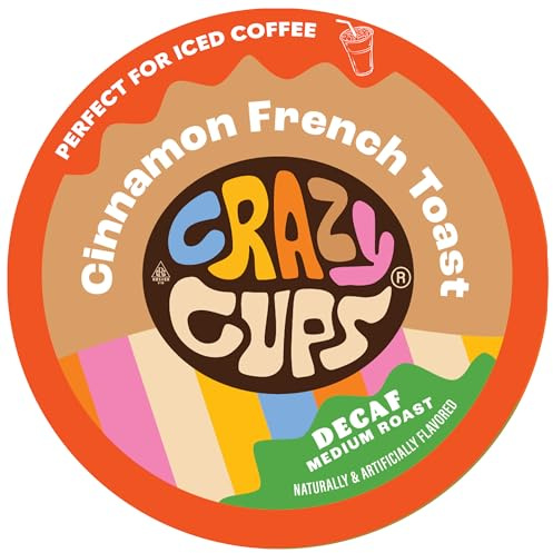 Crazy Cups Dosettes de café au goût décaféiné, cannelle décaféinée, pain français, café aromatisé, portion unique de café torréfié moyen chaud ou glacé pour machines Keurig K Cup