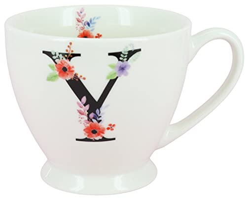 G Decor White Floral, 350ml, Alphabet A-Z Ceramic Tea Coffee XL Cup Mug, Novelty Drinkware for Morning or Evening Drink (Y)