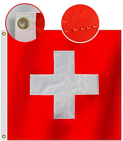 Strapazierfähige Schweiz-Flagge, 90 x 90 cm, langlebigstes Oxford-Nylon, 210D, besticktes Kreuz, vierreihige Nähte, Fliegenenden, Schweizer Nationalflaggen, Dekoration, Geschenk, Hof, Haus, Banner
