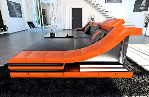 Sofa Dreams Ledersofa Turino L Form Ecksofa - mit LED Beleuchtung, verstellbare Kopfstützen, Recamiere/Lederfarben wählbar/Ausrichtung wählbar (Ottomane rechts, Schwarz-Orange)