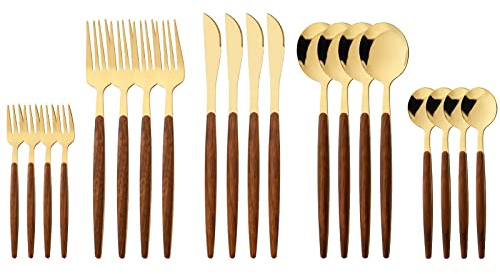 BRIIEC Wood Silverware Flatware Set 20pcs Stainless Steel Cutlery Set with wooden handle service for 4 for Home Travel Camping Mirror Polished - Thin-Brown Gold