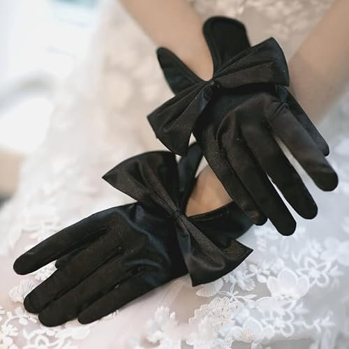 PTNKUIIY Damen Satin Handschuhe Brauthandschuhe Kurze Handschuhe Hochzeit Abend Party Hochzeithandschuhe Sonnenschutz Handschuhe Damen Fasching Kostüm Vintage Abendhandschuhe für Frauen,Schwarz