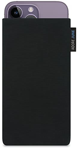 Adore June Classic Schwarz Tasche kompatibel mit iPhone 14-15 Plus/iPhone 14-15 Pro Max Handytasche aus widerstandsfähigem Cordura Stoff mit Display Reinigungs-Effekt, Made in Europe