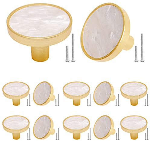 SWZHAI 12 Stück goldene Knöpfe für Kommodenschubladen, gebürstetes Messing, Schubladenknöpfe, Kommodenknöpfe, 3.8 cm, goldene Schrankknöpfe, Kommodengriffe, Möbelknöpfe, Weiß