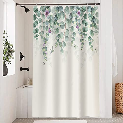 Uiiooazy Cortina Ducha Eucalipto, Cortina de Ducha Hojas Verdes Flor Violeta Planta Cortina De Baño Antimoho Impermeable Poliéster Lavable Opaco Cortina para Ducha con Ganchos para Bañeras 150x180cm