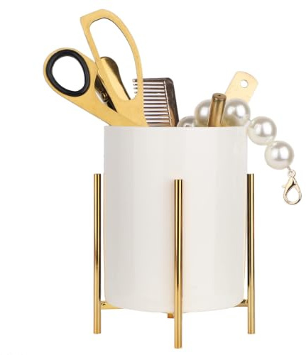 LOUIE SILNA Stiftehalter, Keramik mit Metall Stifteköcher,Schminktisch organizer, Rund Stiftehalter Schreibtisch, Stiftebecher Stifte Halter für Büro/heim, Stifte Aufbewahrung(15CM * 10CM)