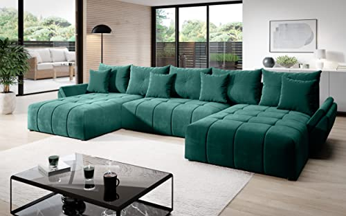 Vigo Velvet Monolith Ecksofa in U-Form 382 cm x 190 cm - Schlafsofa mit Bettkasten - Couch mit Stauraum und Kissen - Sofa mit Schlaffunktion - Ausziehbares Schlafsofa - Farbe: Grün (M-37)