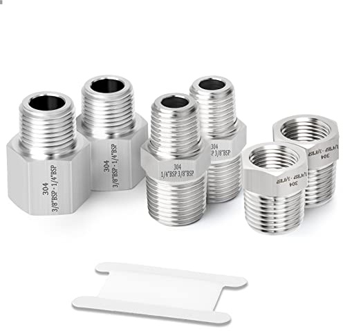 ERGAOBOY 6Pcs SS304 3/8 to 1/4 BSP Hex Nipple and Bushing Fittings | Includes hex nipples and bushings, male to female reducing profile, threaded ports, for pipeline conversion