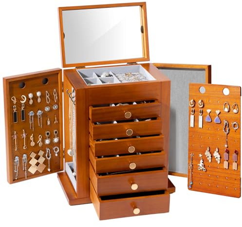 ProCase Joyero Grande, Organizador para joyas de Madera 7 Capas con espejo para Pendientes Pulseras Collares Relojes Anillos, Almacenamiento de Joyas para Mujeres y Chicas -Marrón