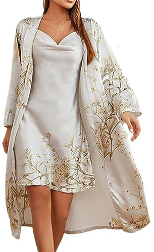 Onsoyours Nuisette Femme Sexy Satin Chemise de Nuit 2 Pièces Peignoir Nuisette Floral Robes de Chambre Soie Long Kimono Nuit A Gris S