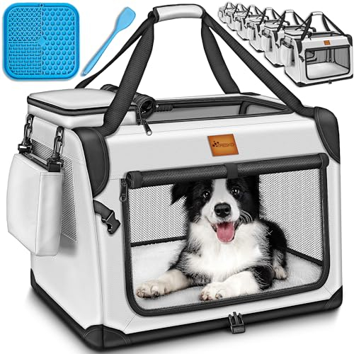 TRESKO® Hundebox faltbar inkl. Leckmatte, Spatel & Reflektoren S 50x34x34cm | Transportbox für Hunde und Katzen | Hundetransportbox Auto für kleine & große Hunde | Hundetasche robust Grau