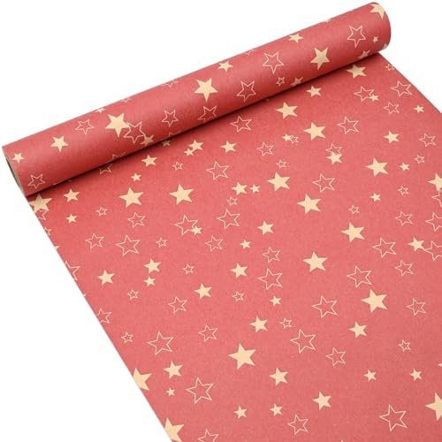 OTMVicor Rollo de papel de regalo, 15 m x 43 cm, papel kraft rojo para regalo de Navidad, diseño de estrella festiva, rollo de papel de regalo reciclable para cumpleaños, boda, Navidad