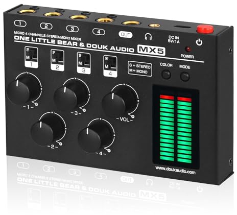 Douk Audio MX5 Mono/Stereo 4-Channel Audio Mixer Ultra Low Noise Line Mixer LED Level Meter