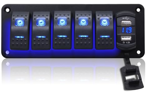 Geloo 5 Gang Schalter Panel 12V Wasserdicht mit 4,8A Dual-USB, Kippschalter | Wippschalter Panel mit LED Voltmeter und Aufkleber, Schalttafel für Auto Boot LKW Wohnmobil