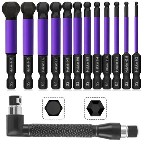 Hakkin Sechskant Bit Set Lang12 Stück 65 mm Kugelkopf Bits Set 1/4 S2 Sechskant Schraubendreher Innensechskant Bitsatz für Akkuschrauber Bits Lange Set Ball End Hex Allen Wrench Drill Bit mit Griff