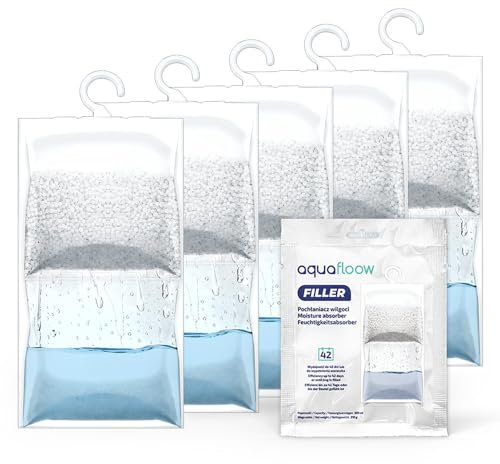 AquaFloow 5x210G Deumidificatore sospeso, Assorbiumidità per l'armadio, Assorbitore di umidità per armadio, Deumidificatore sospeso antiumidità, Sacchetto essiccante resistente all'umidità