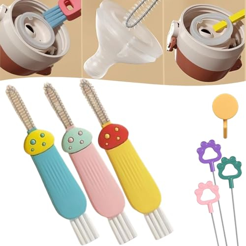 3 in 1 Cup Lid Cleaning Brush, Multifunctional Crevice Cleaning Brush for Bottle Gap Tight Spaces Cup, 3 in 1 Cup Lid Gap Cleaning Brush Set, Bottle Cup Lid Brush Straw Cleaner (3pcs-mushroom)