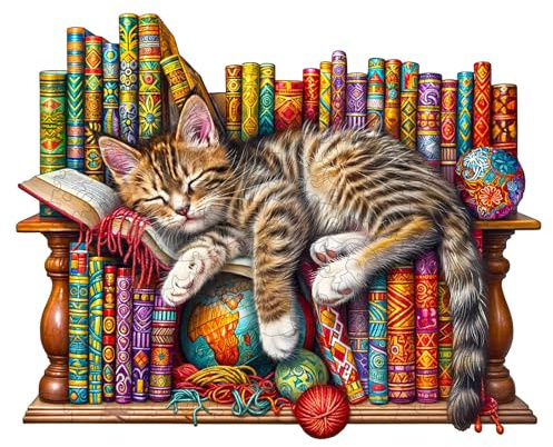 Wooden Jigsaws Puzzles for Adults, 280pcs Sleepy Shelf Cat Wood Puzzle | Unique Animal Shape Puzzles with Wood Box, 34x29cm Wooden Puzzle for Family Game and Birthday Gifts for Friend