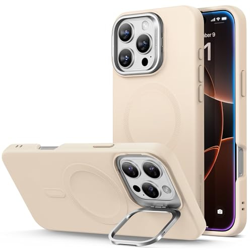 ESR for iPhone 16 Pro Max Case, Silicone Case with Stand, Compatible with MagSafe, Built-In Camera Stash Stand, Cloud Series, Light Tan