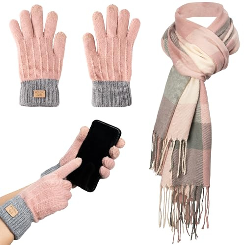 GwaOery Damen Winter Schal Touchscreen Handschuhe Set, Rosa Winterschals Warme Touchscreen Handschuhe Gestrickte Fingerhandschuhe Weicher Warmer Schal Weihnachten Geburtstag Geschenke für Damen Männe