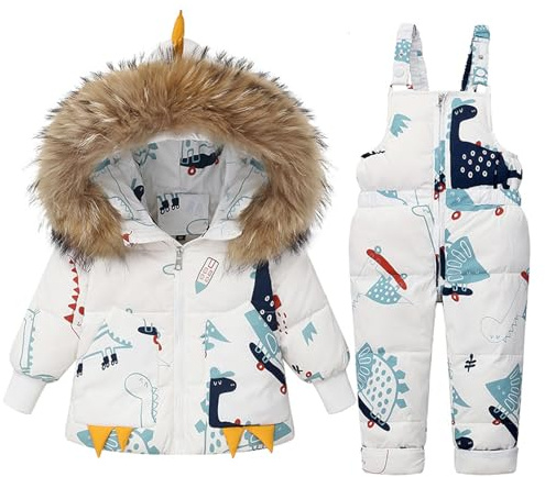 BRONG Niños Traje de Esquiar Invierno 2 Piezas Atuendo Colocar, Niña Encapuchado Abajo Chaqueta y Nieve Babero Pantalones Dinosaurio Dibujos Animados Traje de Esquí Colocar Blanco 4-5 Años