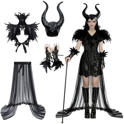 AOLIUP Maleficent Kostüm Damen: Böse Königin Kleid mit Hörner Gothic Federumhang Feder Manschette und Tüllrock für Halloween Karneval Fasching Verkleidung Cosplay Party Outfits
